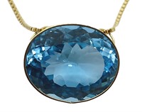 14K Yellow gold bezel set oval blue topaz pendant,