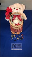 2 stuffed animals w/ basket & mini animal figuines