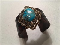 Fine BARSE Leather Cuff w/ Silver & Turquoise