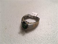 Stunning Emerald Sterling Silver & Gold Ring SZ 10