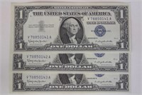 3 $1 Silver Certificates 1957B Consecutive Numbers