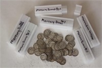 6 Rolls Mercury Dimes, Circulated, 90% Silver