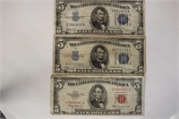 2 $5 Silver Certificates, 1 $5 United States Note