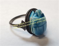 STERLING SILVER RING W BLUE SCARAB
