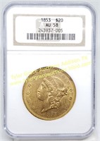 1853 $20 AU-58 GOLD LIBERTY DOUBLE EAGLE