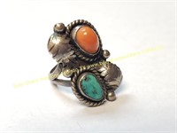 STERLING SILVER RING TURQUOISE AND CORAL STONES