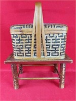 Vintage Wicker Basket and Wooden Stool