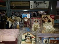 Six miscellaneous dolls and two jewelry boxes