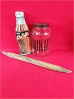 Vintage Tin, Cookie Jar and Wooden Spike