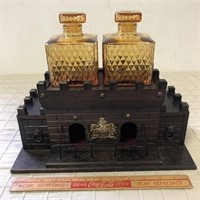 VINTAGE WOODEN CASTLE LIQUOR DECANTER SET