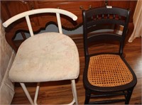 Cane bottom chair & metal bar stool.