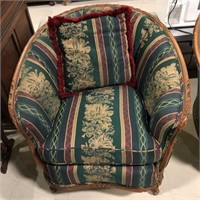 1940's Barrel Chair with Carved Wood Trim