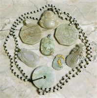 Jade Colored Stone Pendants and Necklaces.  8 pc.