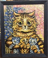 O/C Painting of Cat & Kittens Signed Louis Wain