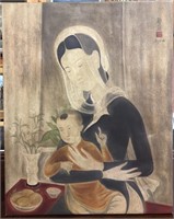 Painting on Canvas of Lady & Child Signed Le Pho