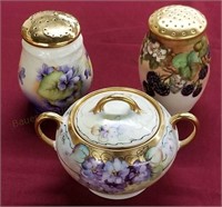 Superb Hand Painted Shakers & Covered Sugar Dish