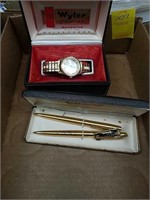 Watch, gold plated pens