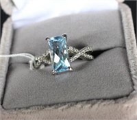 14KW BLUE TOPAZ RING .15 TDW, SIZE 6 1/2