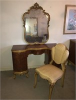 French burl walnut vanity, mirror, and chair