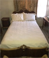 French burl walnut full bed w mattress & bedding