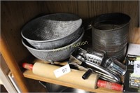 VINTAGE KITCHEN ITEMS - COLANDERS - ROLLING PIN -
