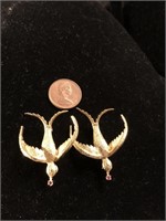 Lot of 2 Gold Plated .925 Silver Doves w/Ruby Eyes