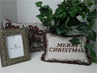 Decorative Christmas Pillows, Frame and Greenery