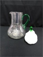 Nice art glass pitcher w/applied green handle,
