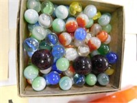 Box of swirled marbles & 3 shooters