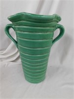 Green two handled pottery vase w/fluted lip,