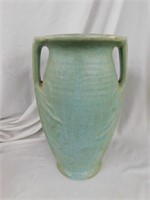 Green pottery vase w/2 handles, very heavy, 14"H,