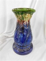Glazed blue green ceramic pedestal, 16.5"H