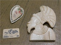 Two pins: carved native w/headdress - carved