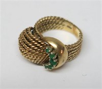 14K YELLOW GOLD "STRAP" RING WITH GREEN STONES