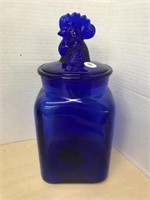 Cobalt Blue Cookie Jar With Rooster Lid