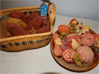 Wicker basket w/ quilted hearts & wood bowl w/