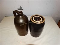 Pottery jug 13" & crock w/ lid (has knick) 8"