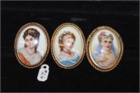 3pc French Broaches handpainted portraits on