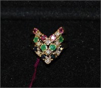 Antique 9kt yellow gold Ring w/ ruby, diamond,