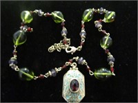 Green Beaded Necklace with Opal Stone Pendant