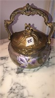 Hand painted biscuit jar with brass lid & handle