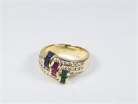 750 / 18 kt Diamond, Ruby, Emerald, Sapphire Ring