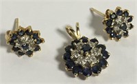 14k Gold, Diamond & Sapphire Pendant & Earrings