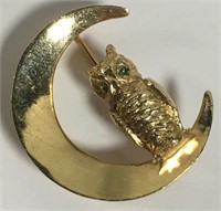 14k Gold Owl & Moon Pin