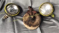 Wood/iron pulley with old tractor lights