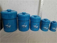 Set of 5 blue ceramic duck design canisters with