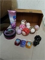 Group of new bath bombs with lotions hand