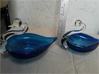 2 Blue Glass Goose bowls very nice condition