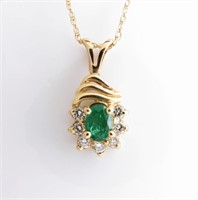 14K Yellow Gold Emerald, Diamond Pendant, Chain