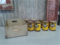 7 Cen-Pe-Co oil cans w/ tin tote